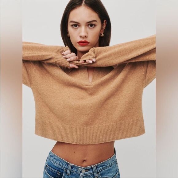 Reformation Cashmere Polo Sweater in Camel Tan S - Picture 1 of 12